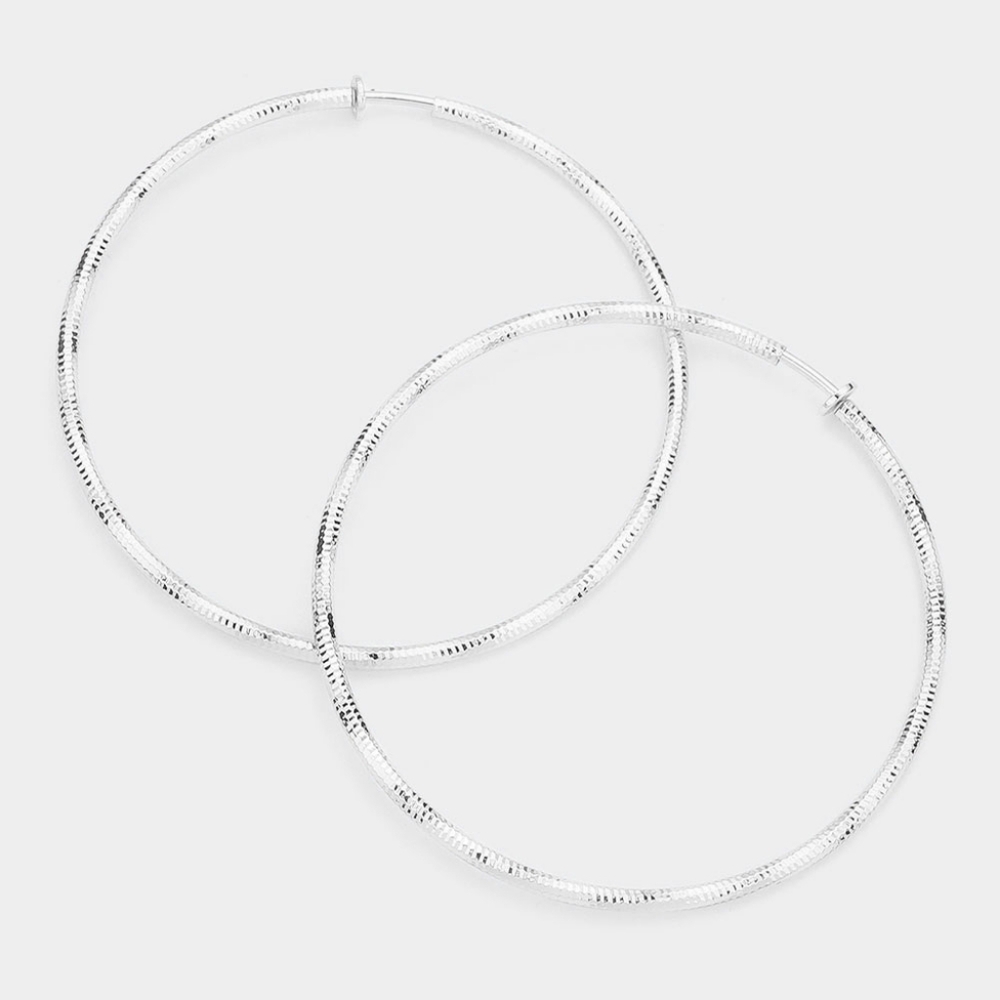 Silver Clip On Hoop Earrings 3.2" Casual Simple Style Textured Jewelry ClipOn